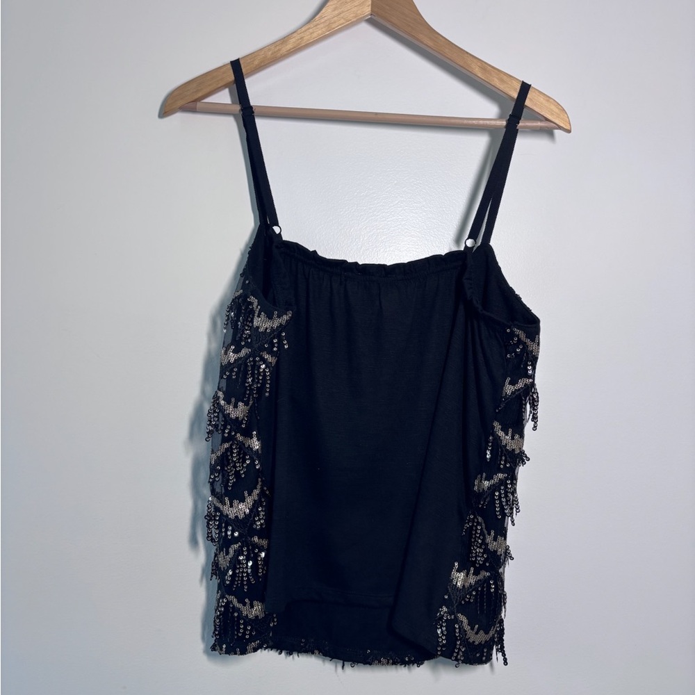 Anthropologie Porridge Black Gold Sequined Fringe V-Neck Tank Top Size Large NWT - Picture 7 of 9